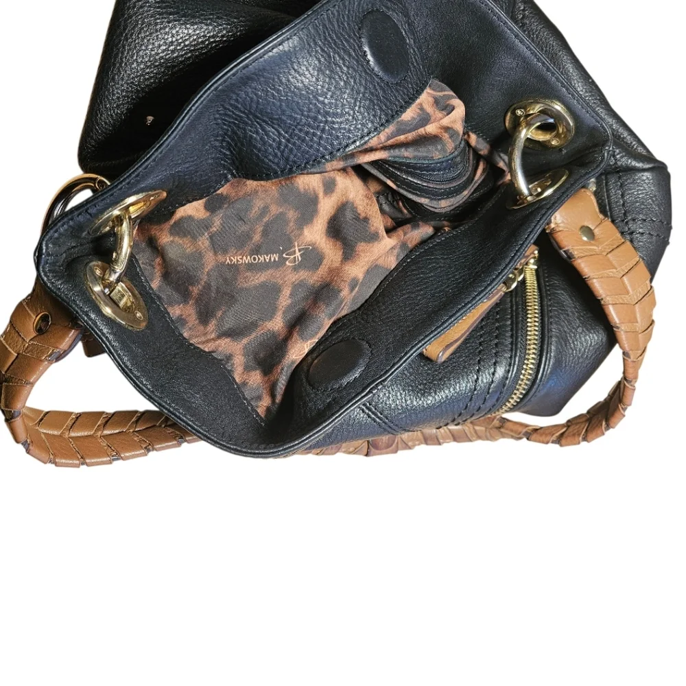 B. Makowsky Pebbled Leather Handbag Black Hobo Brown Accents